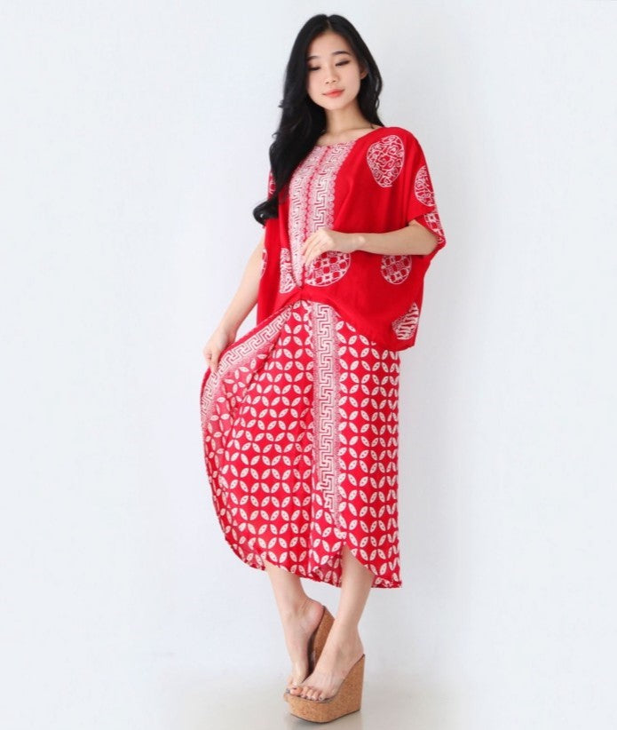 Modern Style with a Traditional Touch: Red Paris Batik Blouse & Pants Set